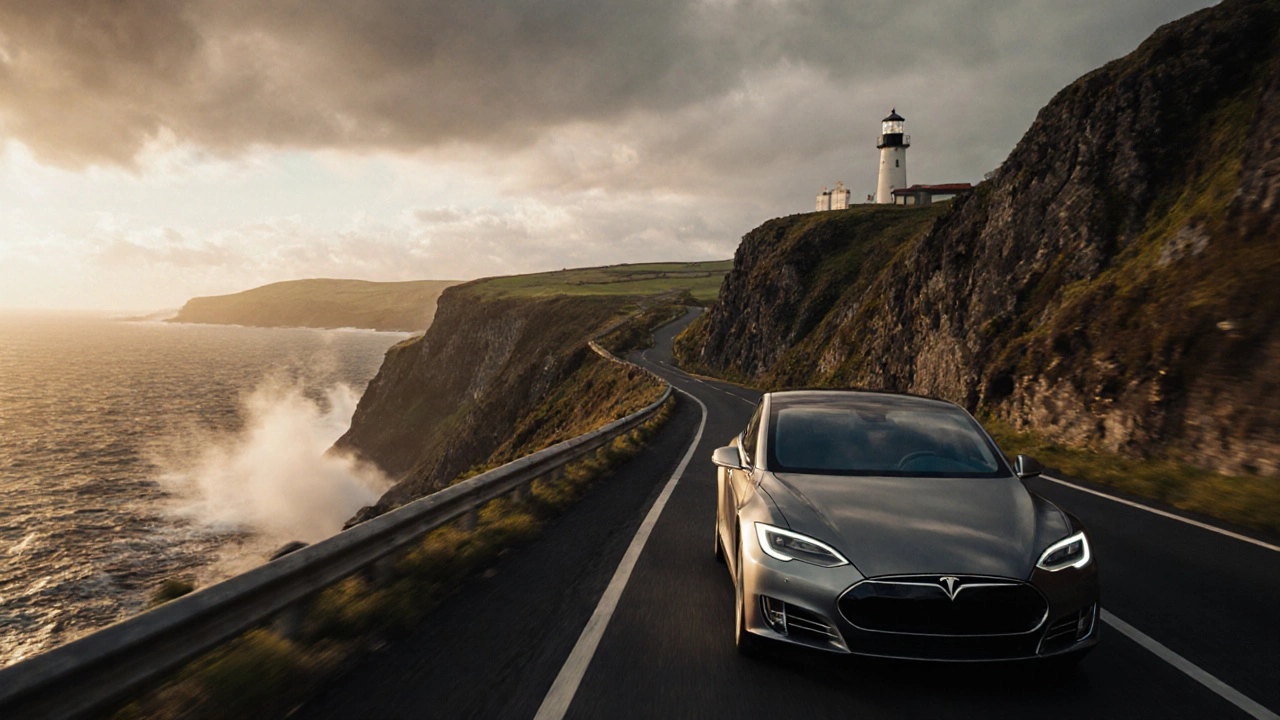 A Tesla Model S speeds along the cliffs of Ireland’s Wild Atlantic Way.