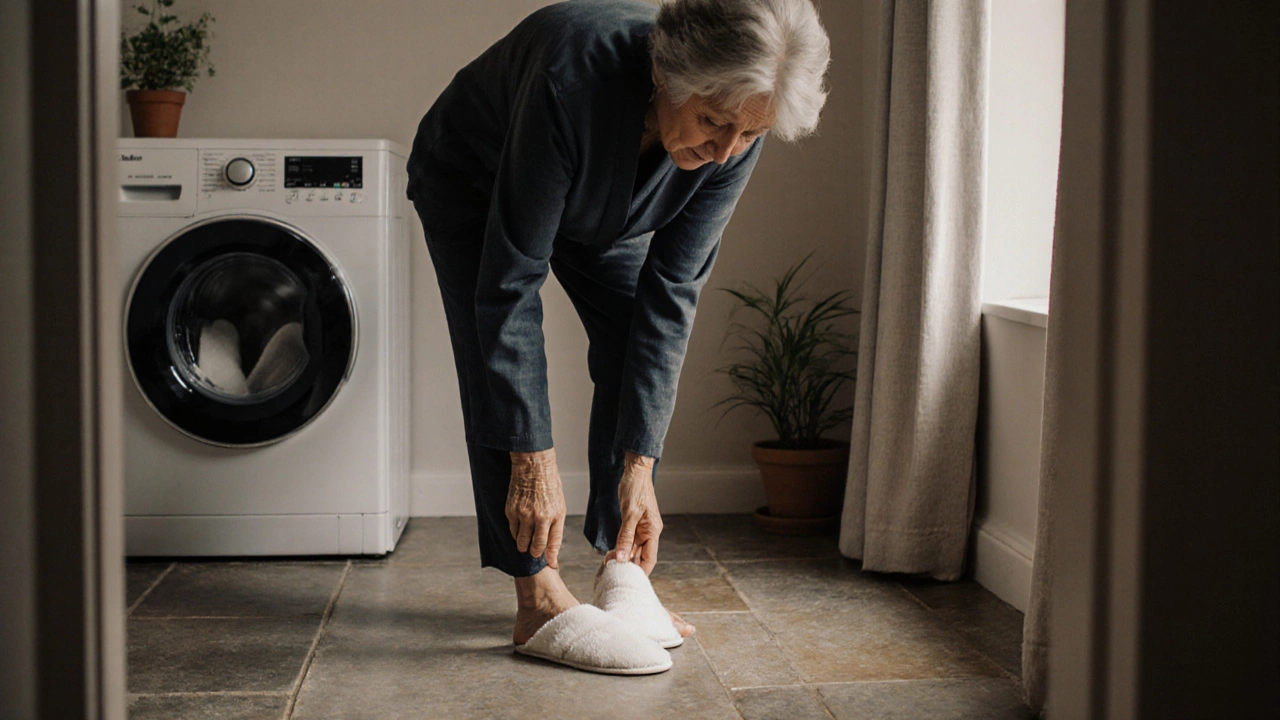 An elderly woman slipping on tabi slippers in a tiled bathroom, surrounded by calm, clean interiors.