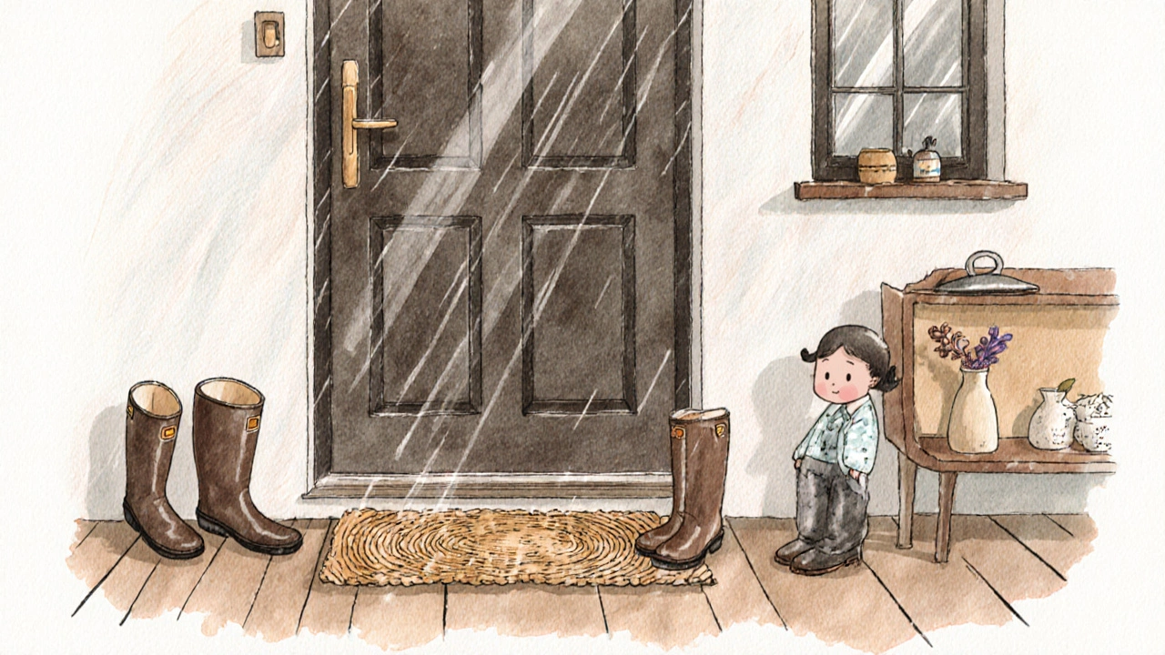 An Irish entranceway displaying Japanese-style slippers — zori, tabi, and geta — arranged for practical use in wet weather.