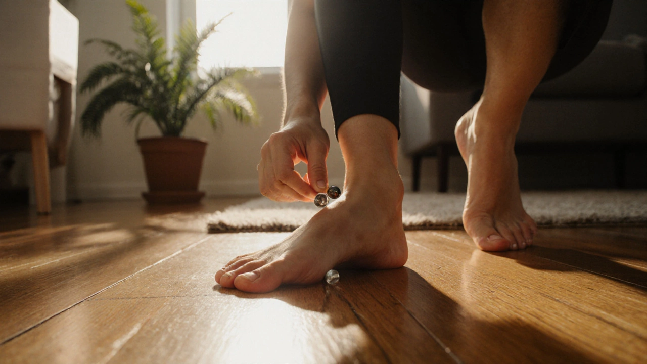 Barefoot person doing toe exercises on a warm hardwood floor at home.