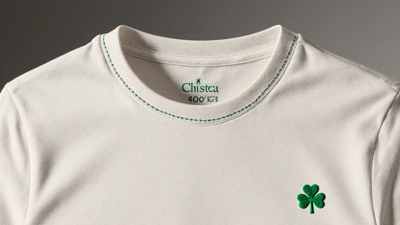 Close‑up of double‑needle stitching and cover‑stitched collar on a T‑shirt.