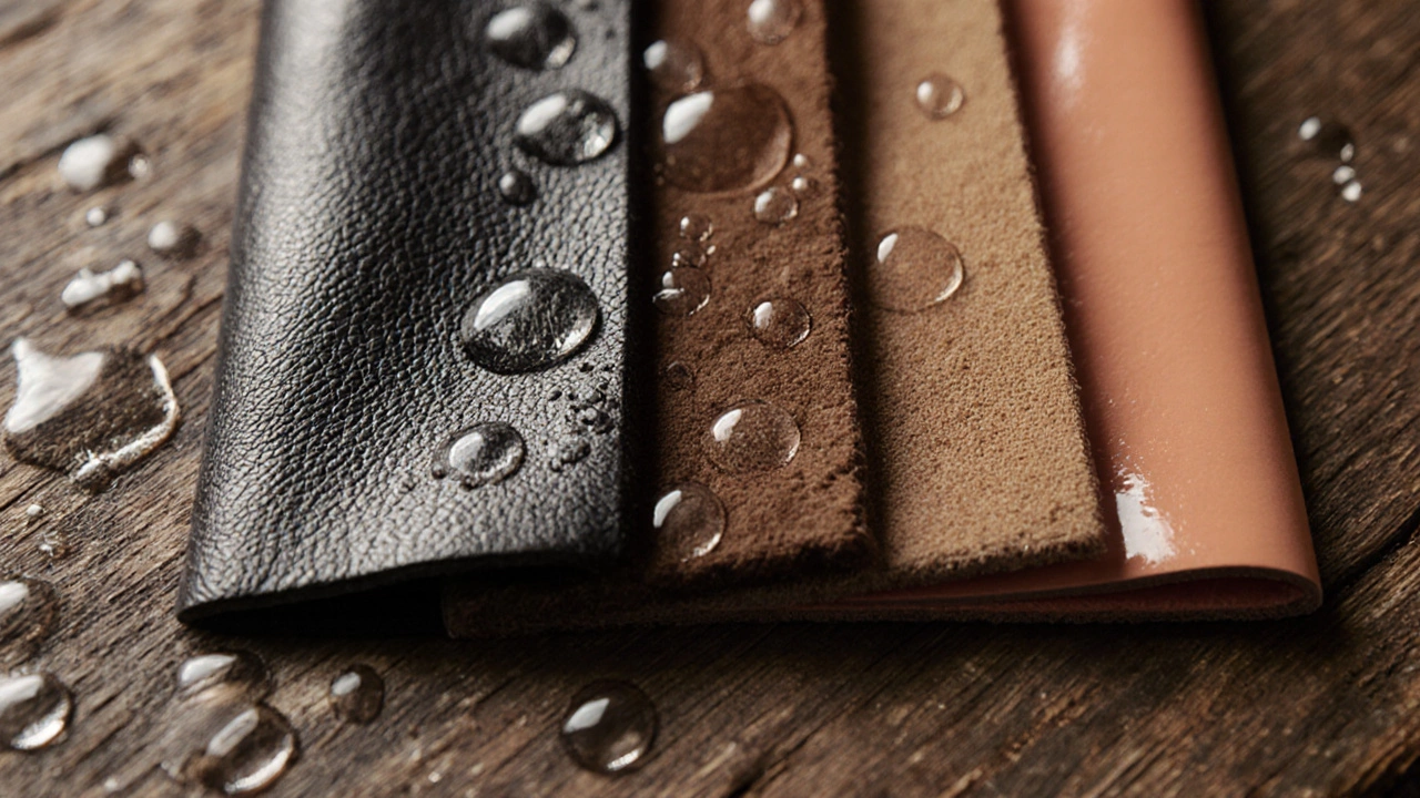 Close‑up of various leather types with water droplets showing texture differences.