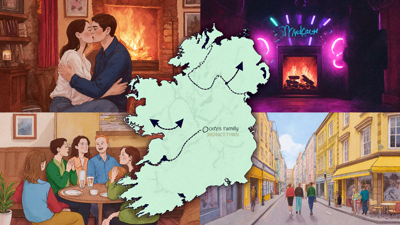 Collage of five Irish scenes illustrating different kiss slang terms across regions.