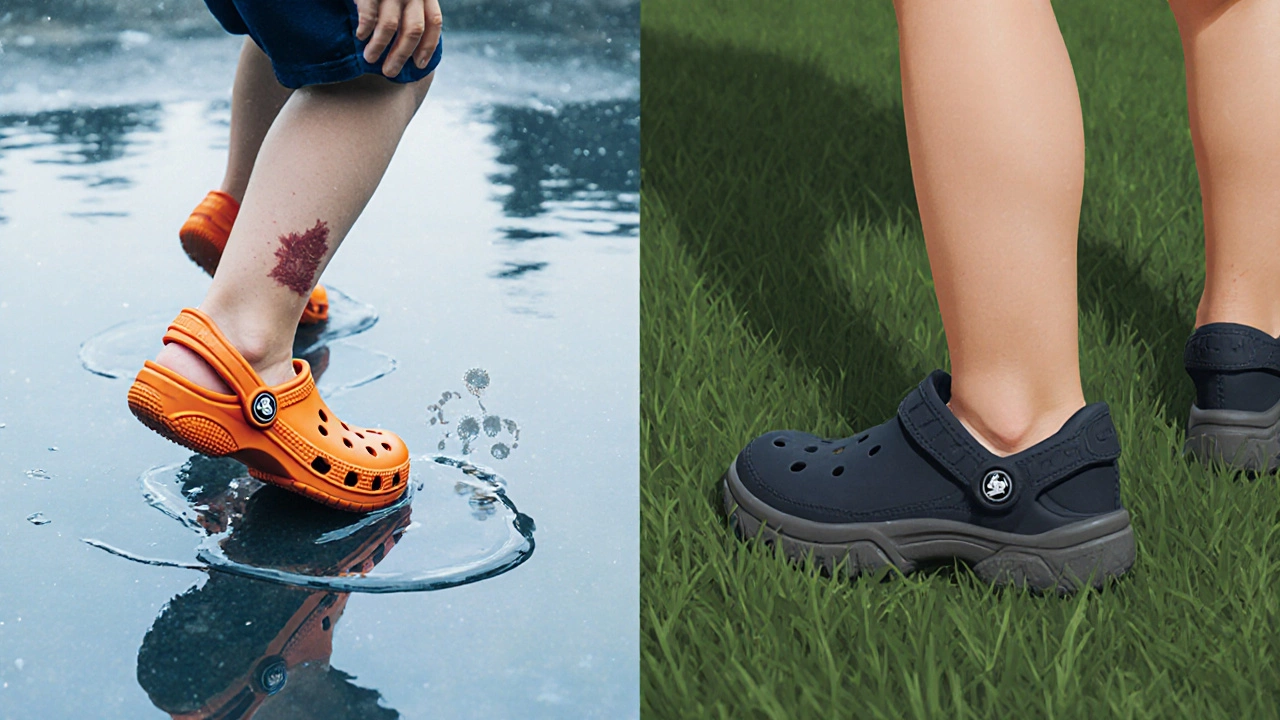 Contrast of a child in Crocs slipping and a child in safe shoes, highlighting injury risk.