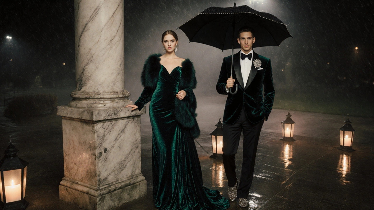 Couple at an outdoor gala in Phoenix Park wearing velvet dress, fur stole, and glitter‑trimmed jacket with a misty backdrop.