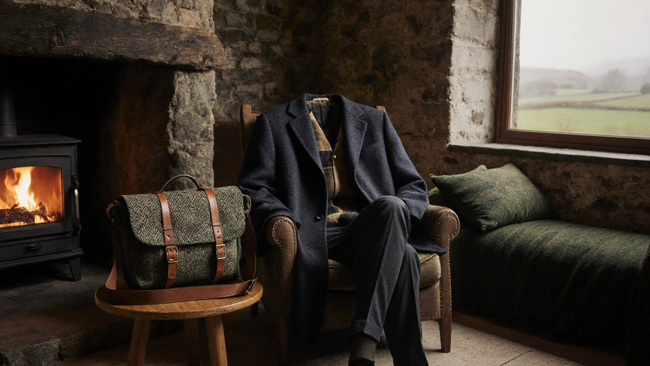 Cozy Irish living room showcasing a repurposed coat, bag, and wool cushions made from the suit.