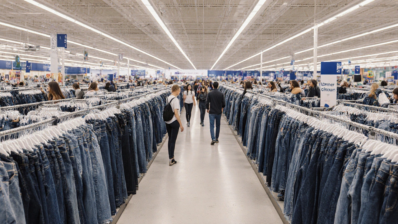 Crowded Primark denim aisle filled with racks of jeans and diverse shoppers.