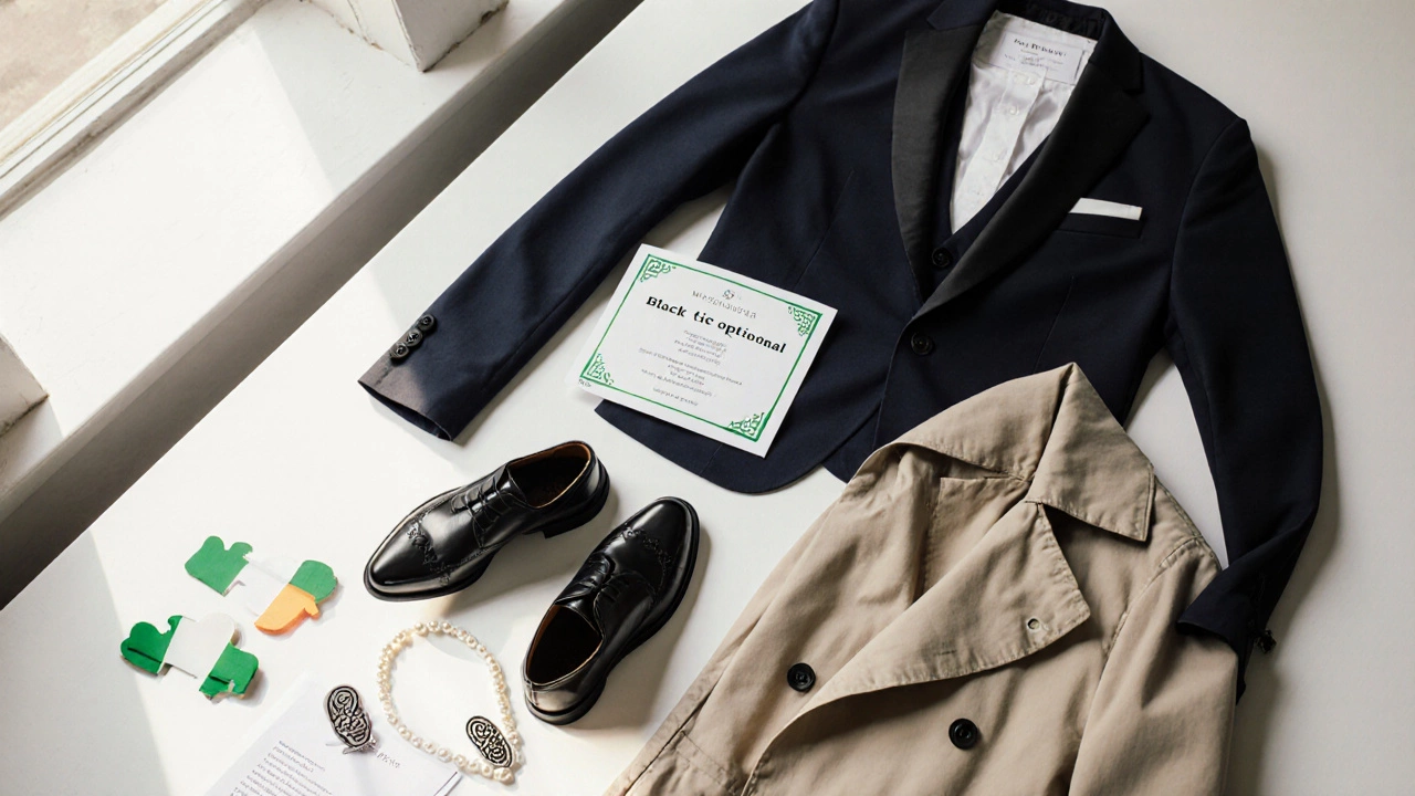 Flat‑lay of clothing and accessories for Irish dress codes, including tuxedo and umbrella.