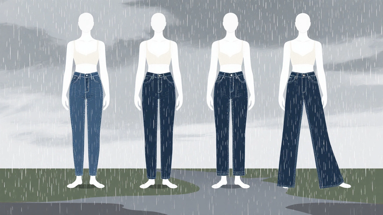 Four mannequins display high‑rise skinny, straight‑leg, tapered, and modest bootcut jeans.