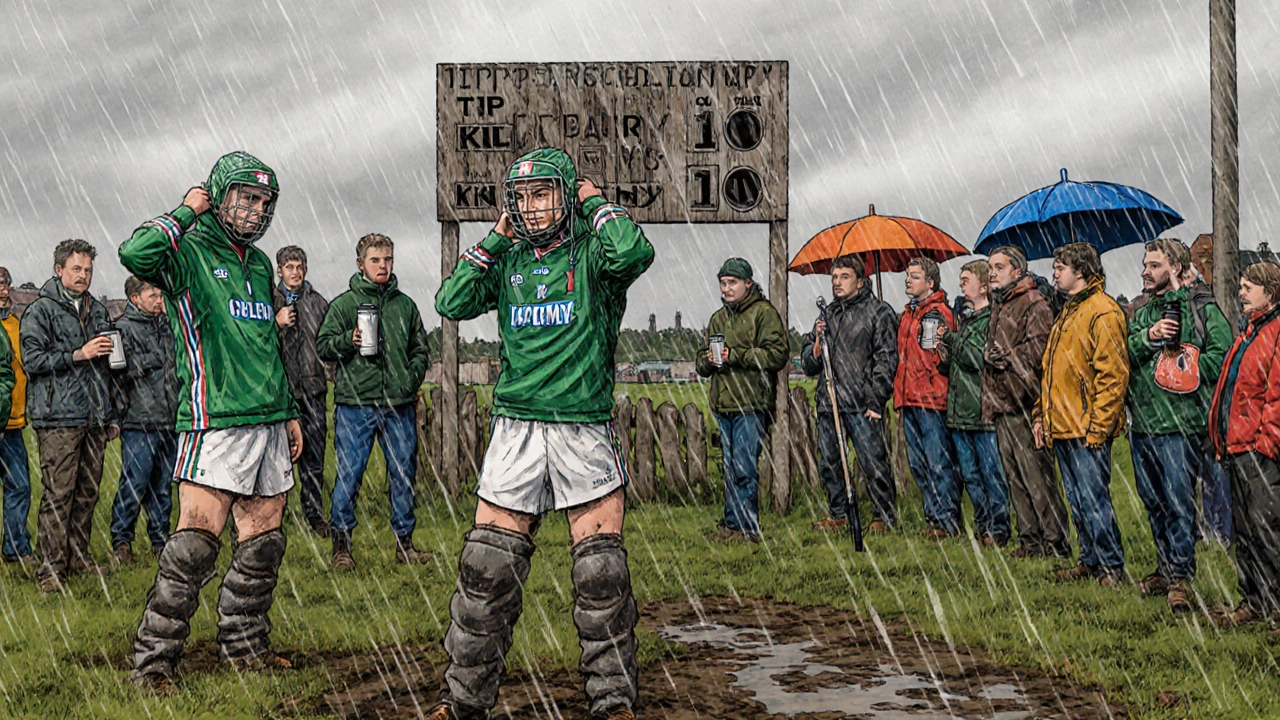 GAA players in thick club gear on a muddy pitch under rainy Irish skies.