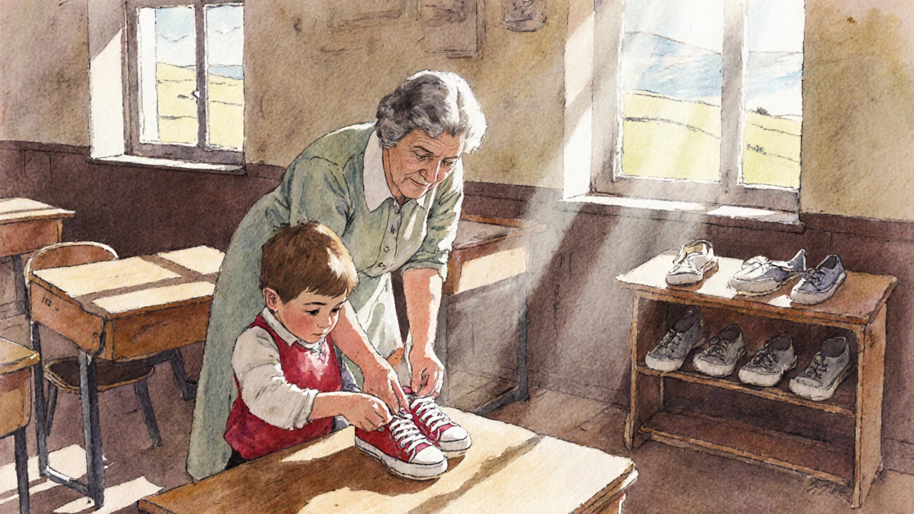 Grandmother helping child tie plimsolls in a Scottish classroom.