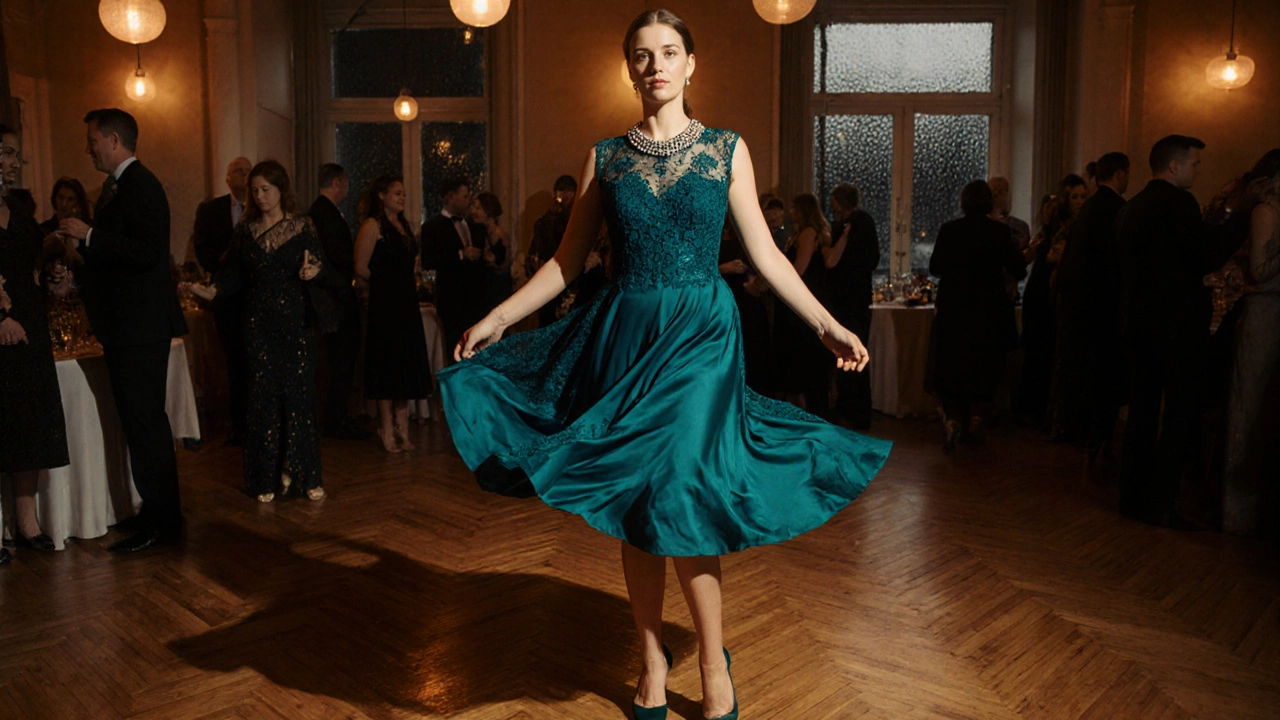 Guest in a knee‑length cocktail dress dancing on a wooden floor of the Galway Arts Centre.