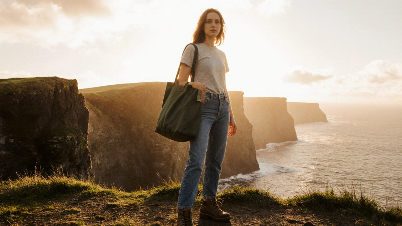 Hiker wearing Irish-made denim on the Cliffs of Moher at sunset.