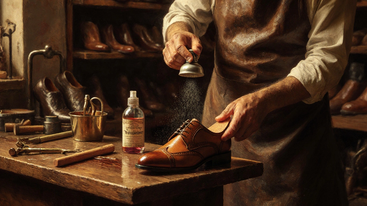 Irish cobbler stretching a wet leather shoe with a cedar shoe tree and spray bottle.