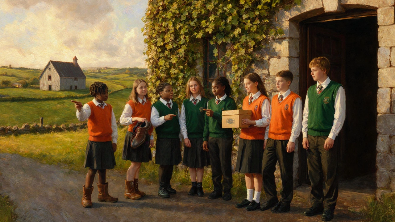 Irish students in uniform wearing approved shoes outside a countryside school.