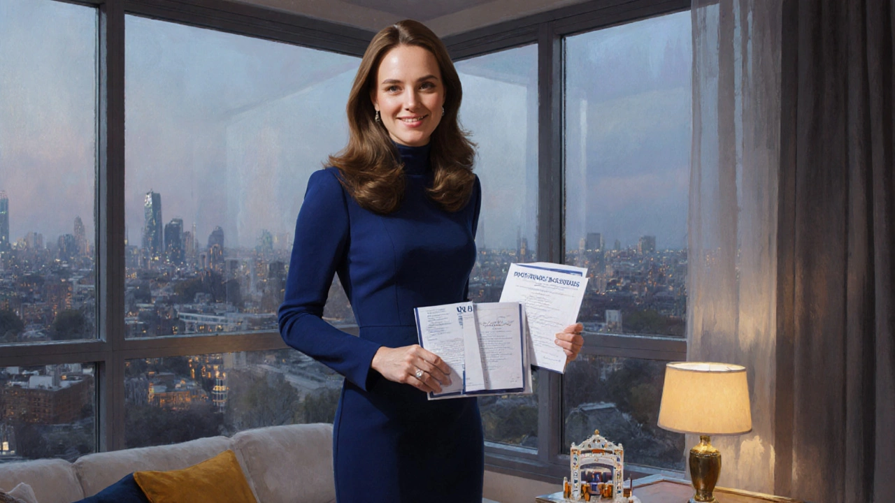 Kate in a London flat holding Party Pieces share certificates at dusk.