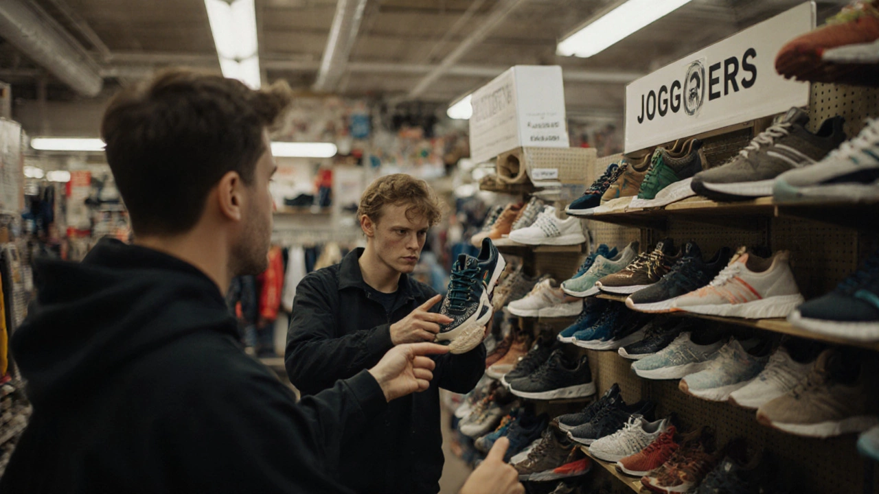 Man holding sporty shoes in a Glasgow store labeled 'JOGGERS'.