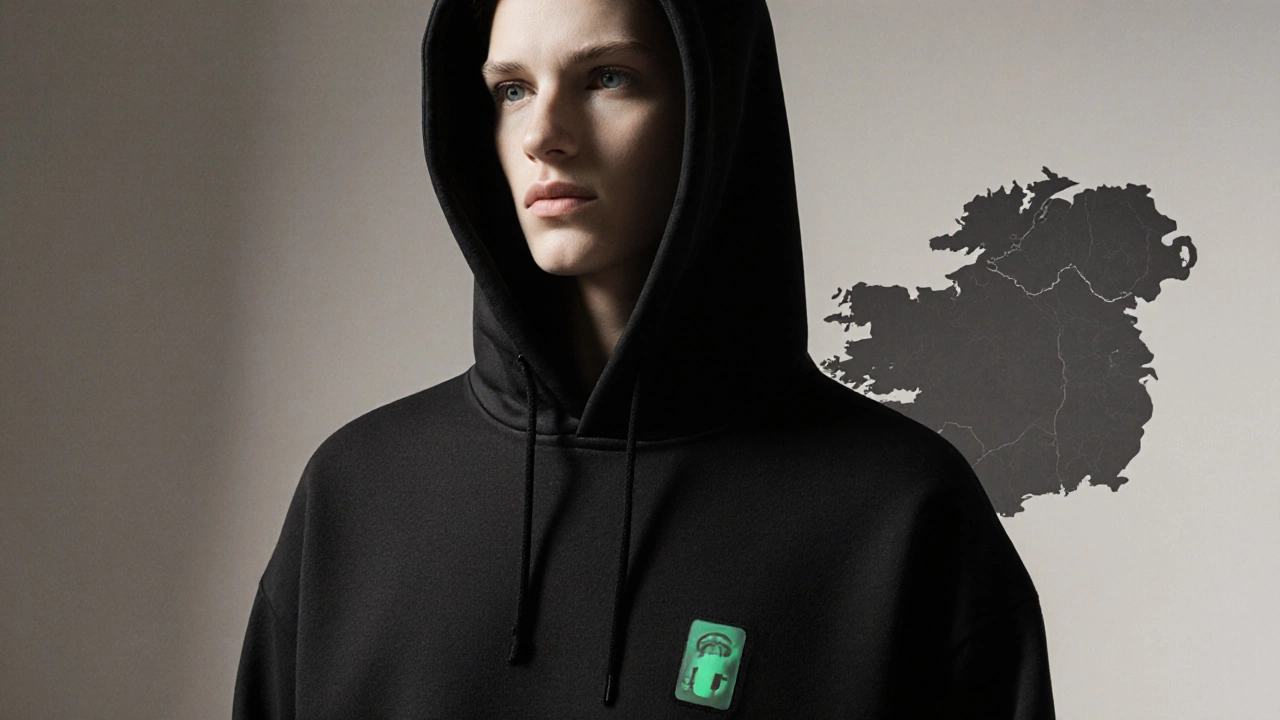 Model showcases a sustainable black hoodie with subtle tech details in a studio.