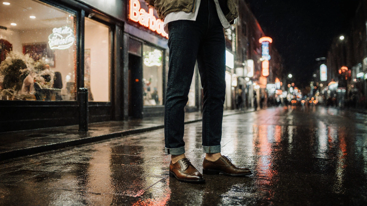 Night scene in Dublin with a person in dark‑wash high‑rise tapered jeans under a Barbour jacket.