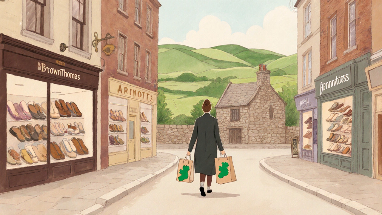 Pastel illustration of a shopper passing Irish shoe stores with a slipper-shaped Ireland silhouette.
