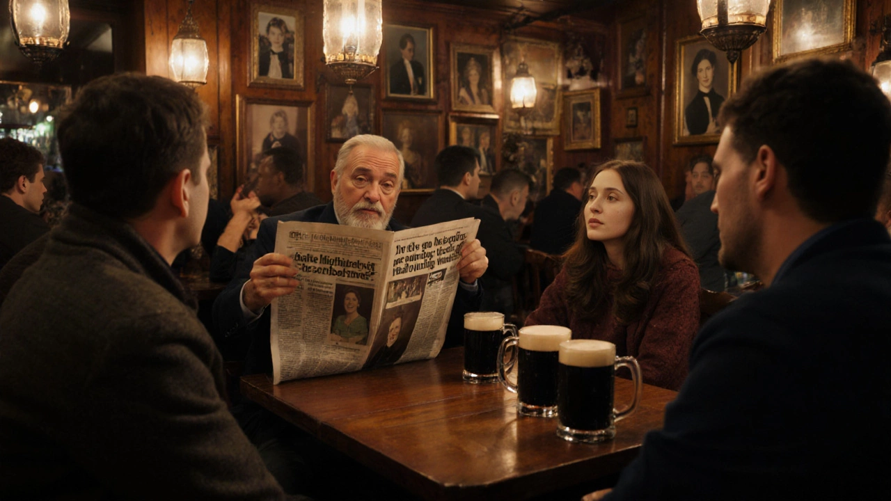 Patrons in a Dublin pub discussing Kate Middleton&#039;s wealth over drinks.