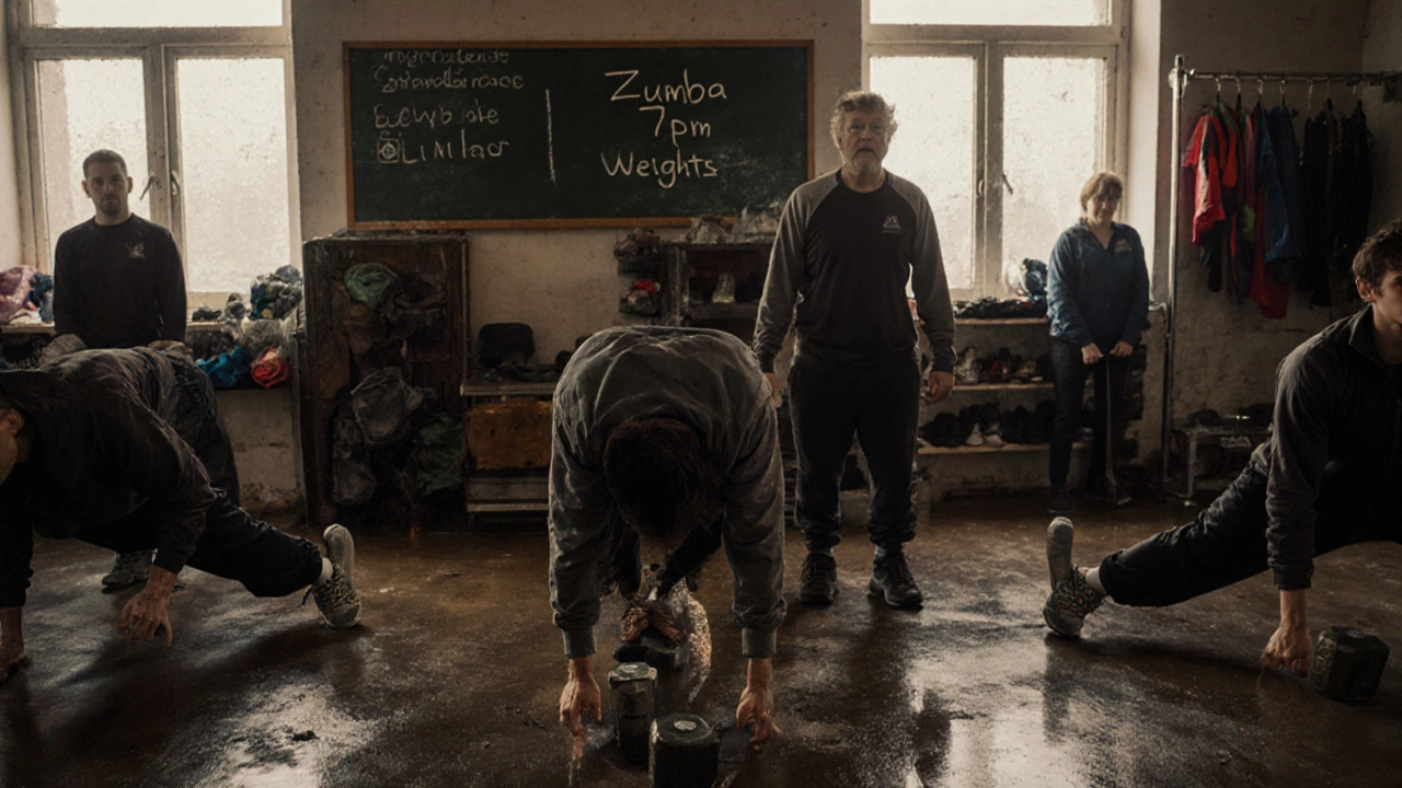 People working out in a rural Irish leisure centre wearing faded tracksuits and trainers.