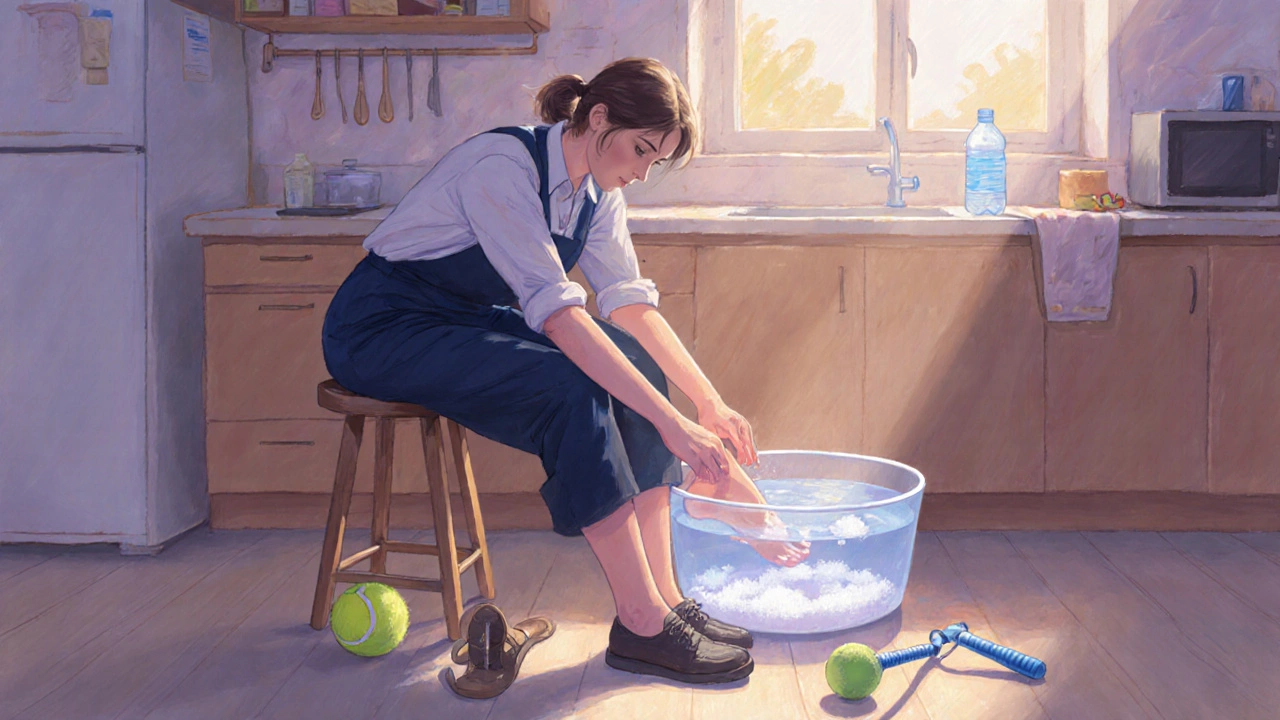 Person soaking feet in warm water with Epsom salts after a long shift.