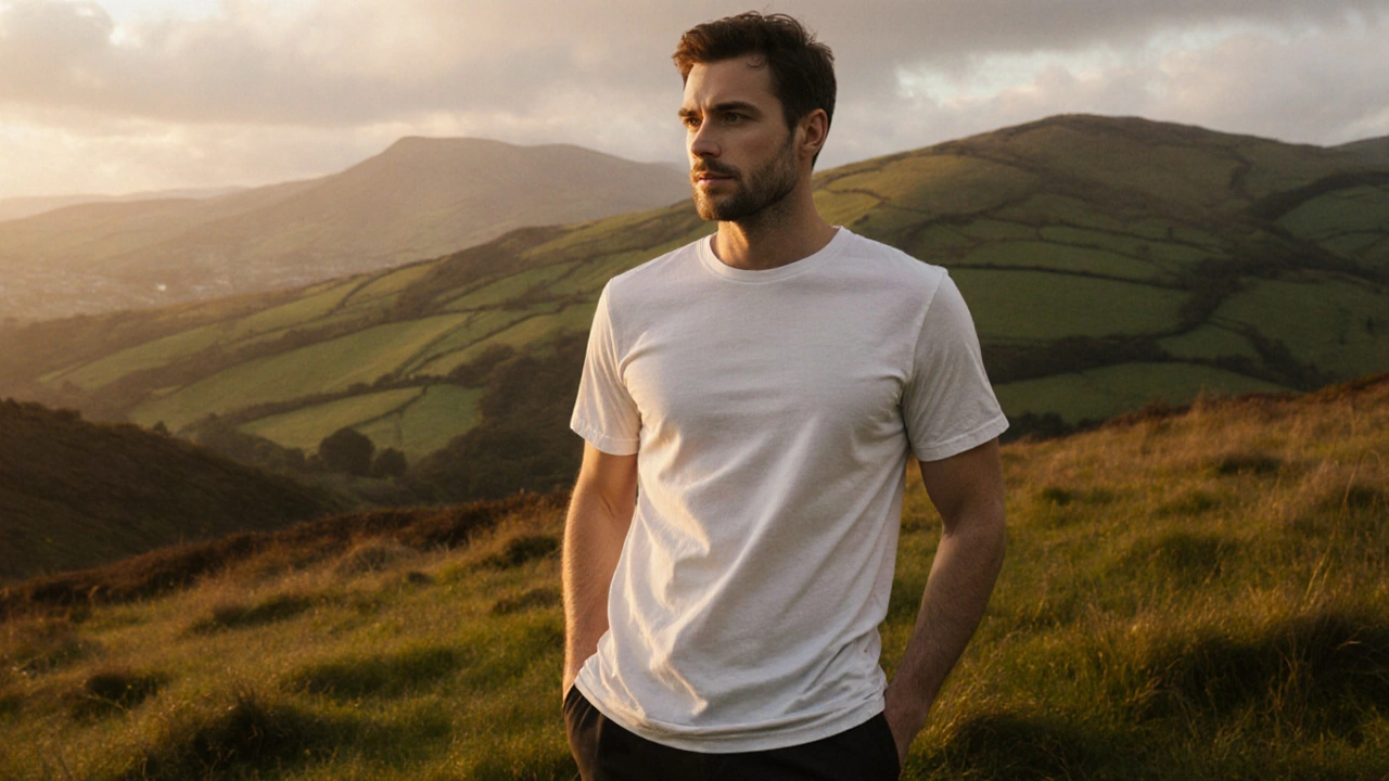 Person wearing a high‑quality T‑shirt on a misty Irish hillside at sunset.