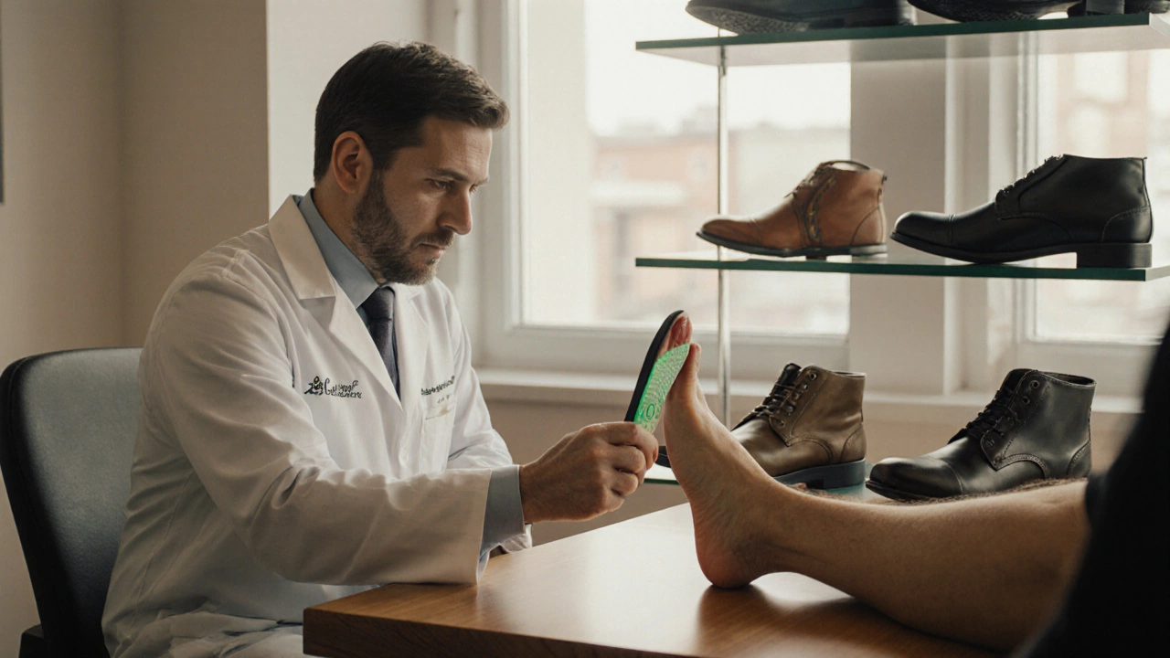 Podiatrist examining a foot with a custom orthotic, Irish shoes displayed in the background.