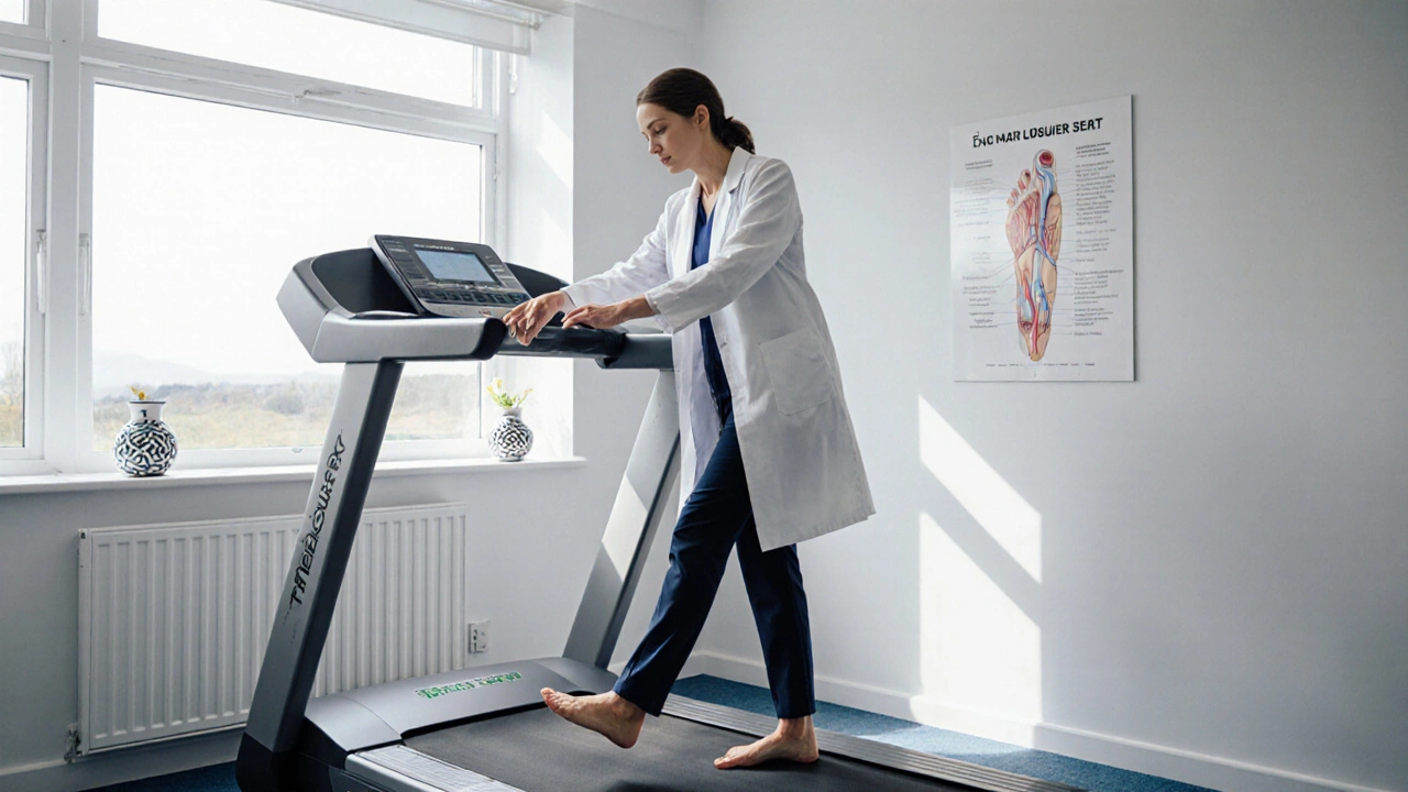 Podiatrist examining a patient's foot on a gait‑analysis treadmill in a bright clinic.