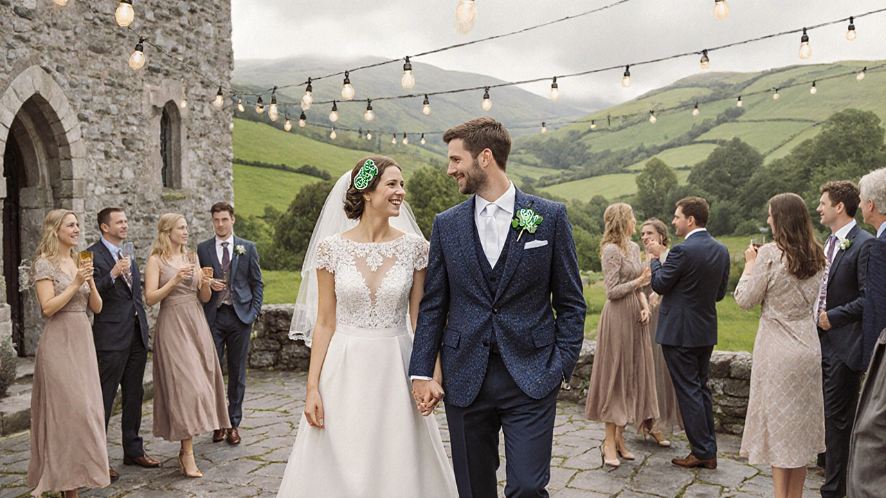 Semi‑formal wedding at a Kerry castle with couple in tweed blazer and knee‑length dress.