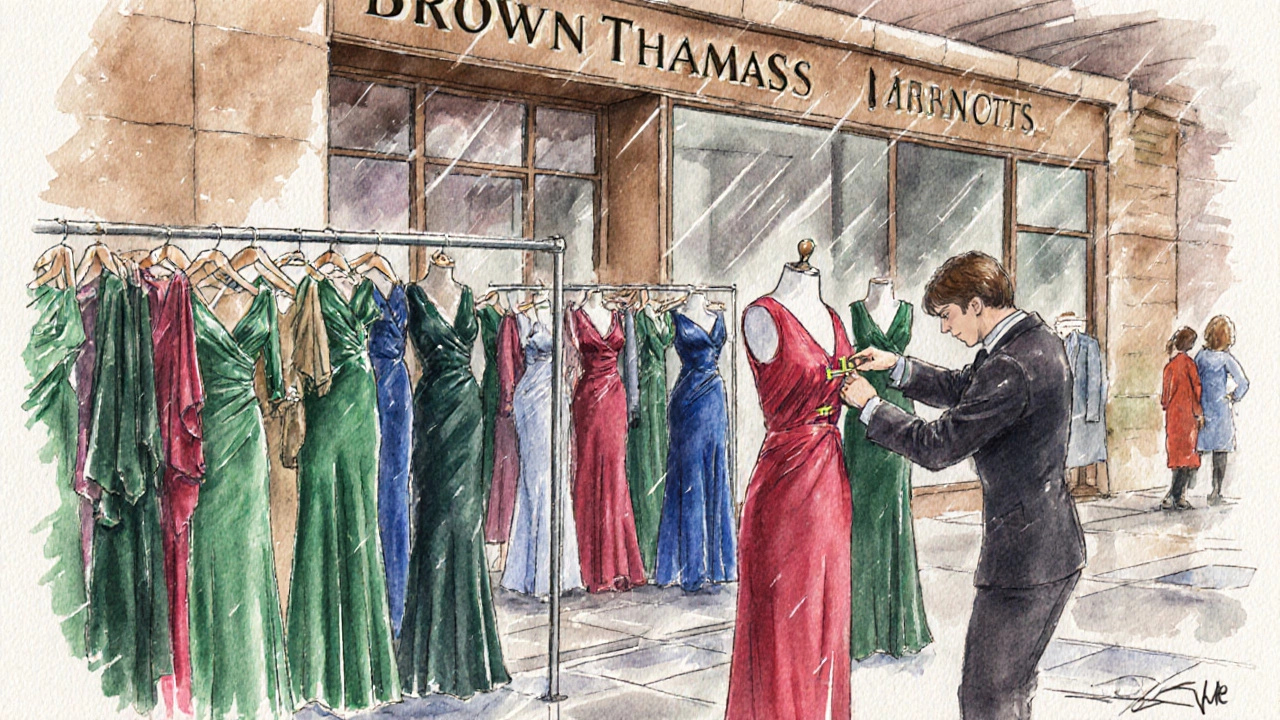 Shopper examining a rack of evening dresses of varying lengths in a Dublin department store, with a tailor measuring a hem.