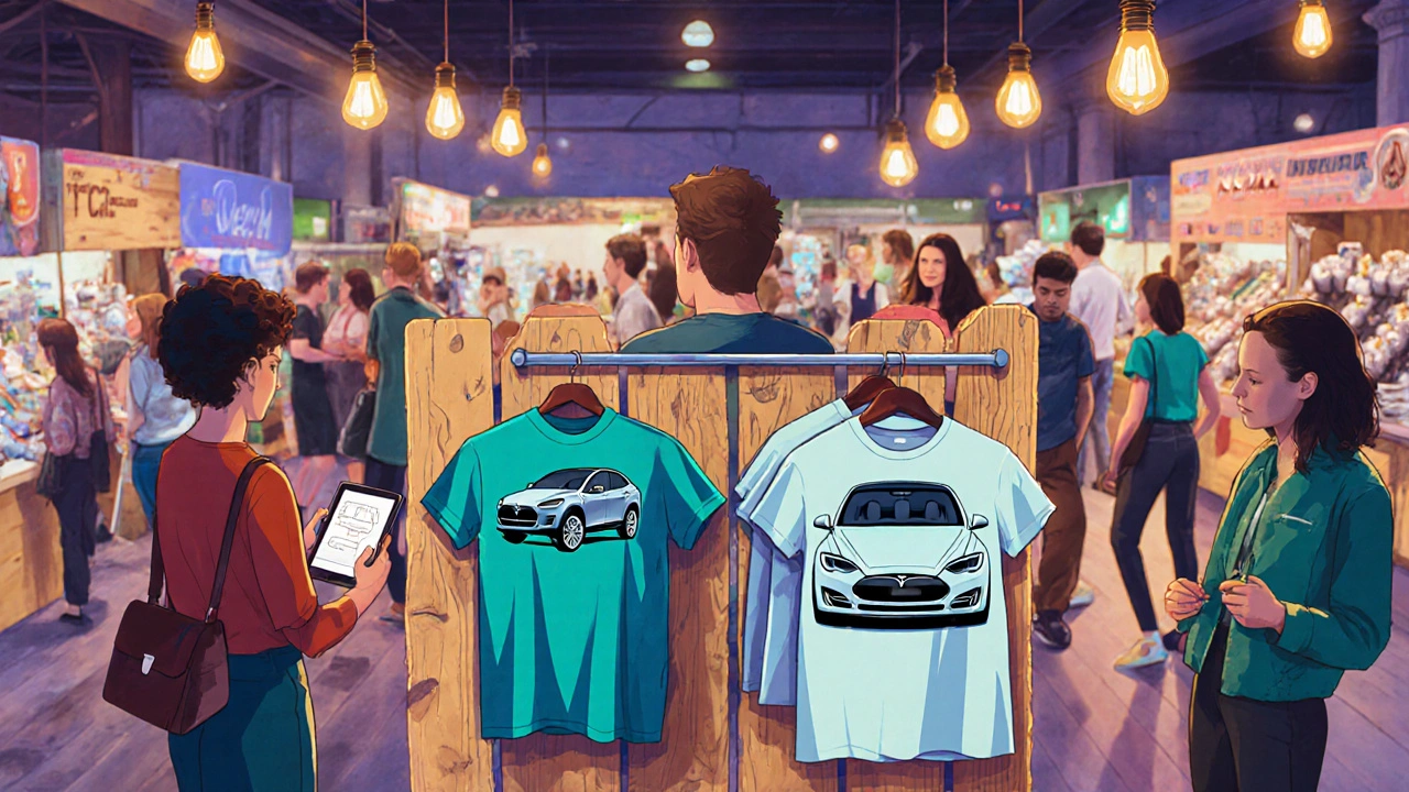Shoppers browse Elon Musk‑inspired T‑shirts at a Dublin pop‑up market.