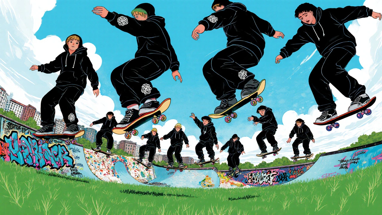 Skateboarders in black hoodies perform tricks at a Dublin skate park.
