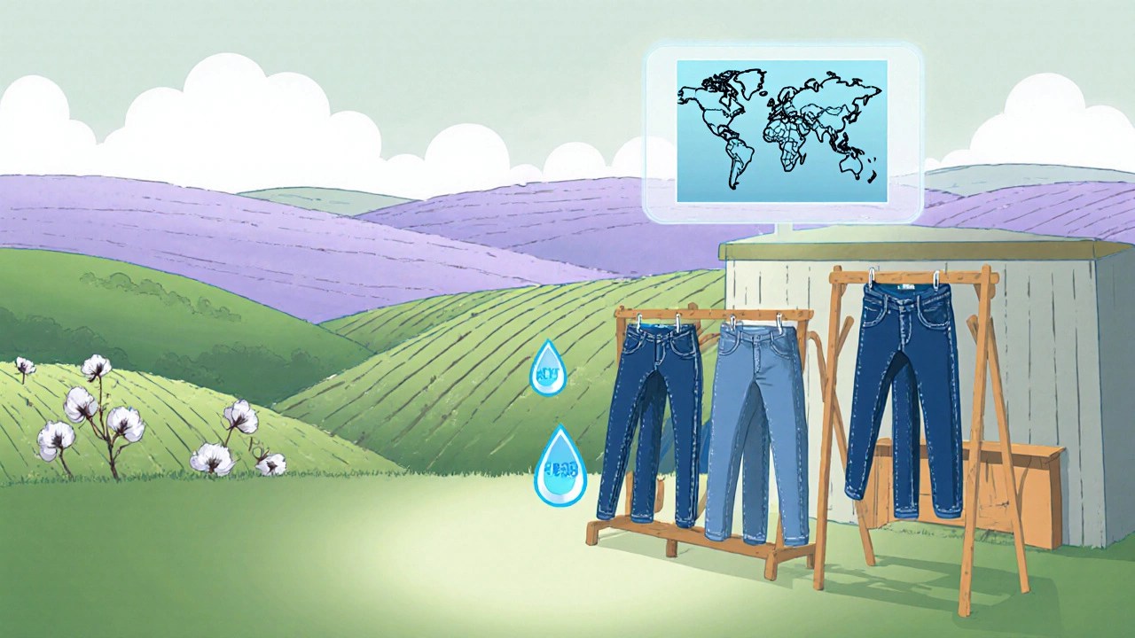 Sustainable denim workshop in an Irish field showing eco‑friendly jeans and cotton plants.