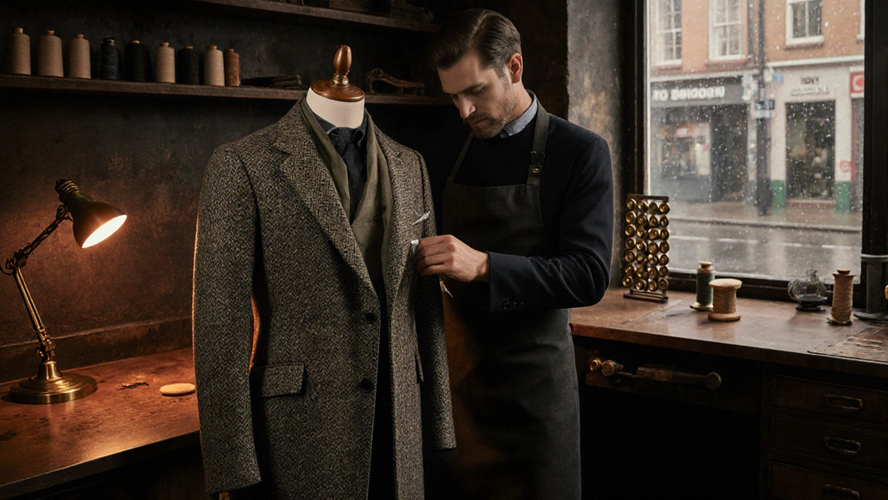 Tailor measuring a tweed jacket in a workshop, preparing it to become a modern coat.