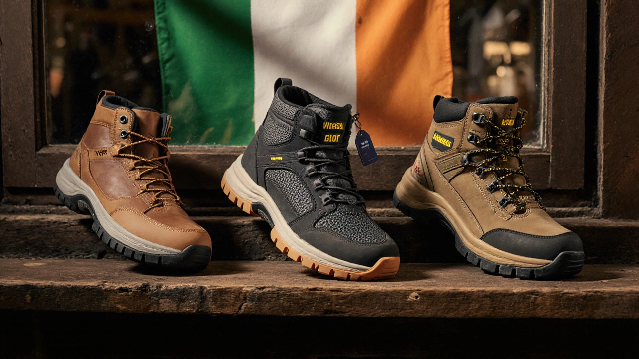 Three different work shoes shown on a wooden bench with price tags.