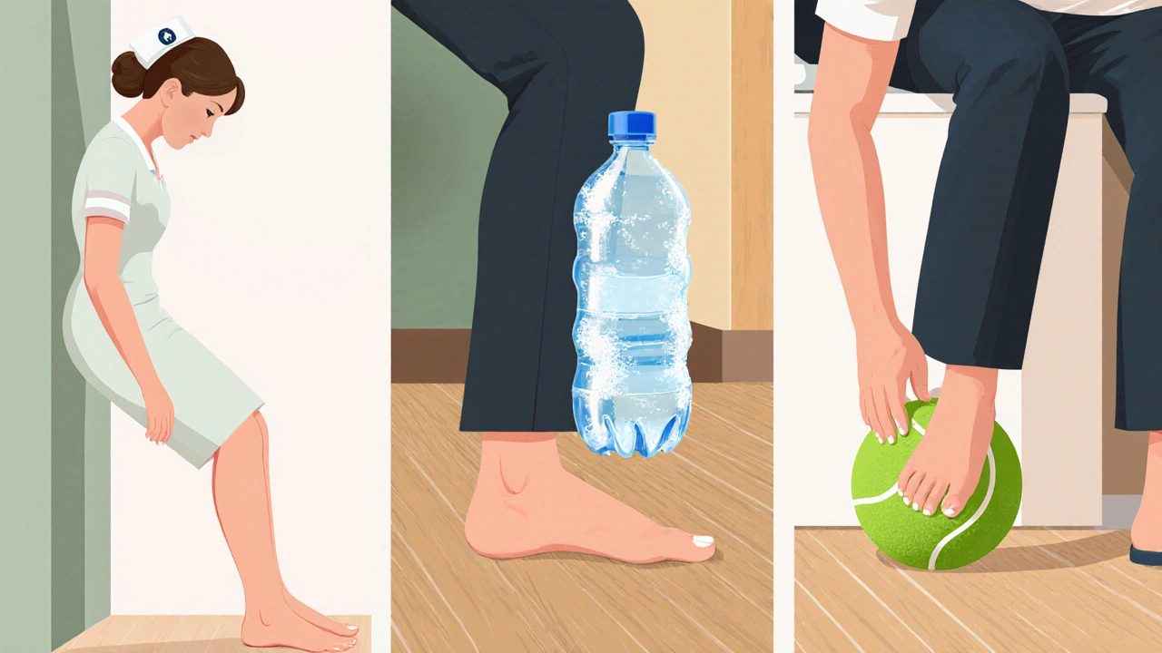 Three foot‑relief techniques: calf stretch, rolling frozen bottle, and tennis ball self‑massage in a staffroom.