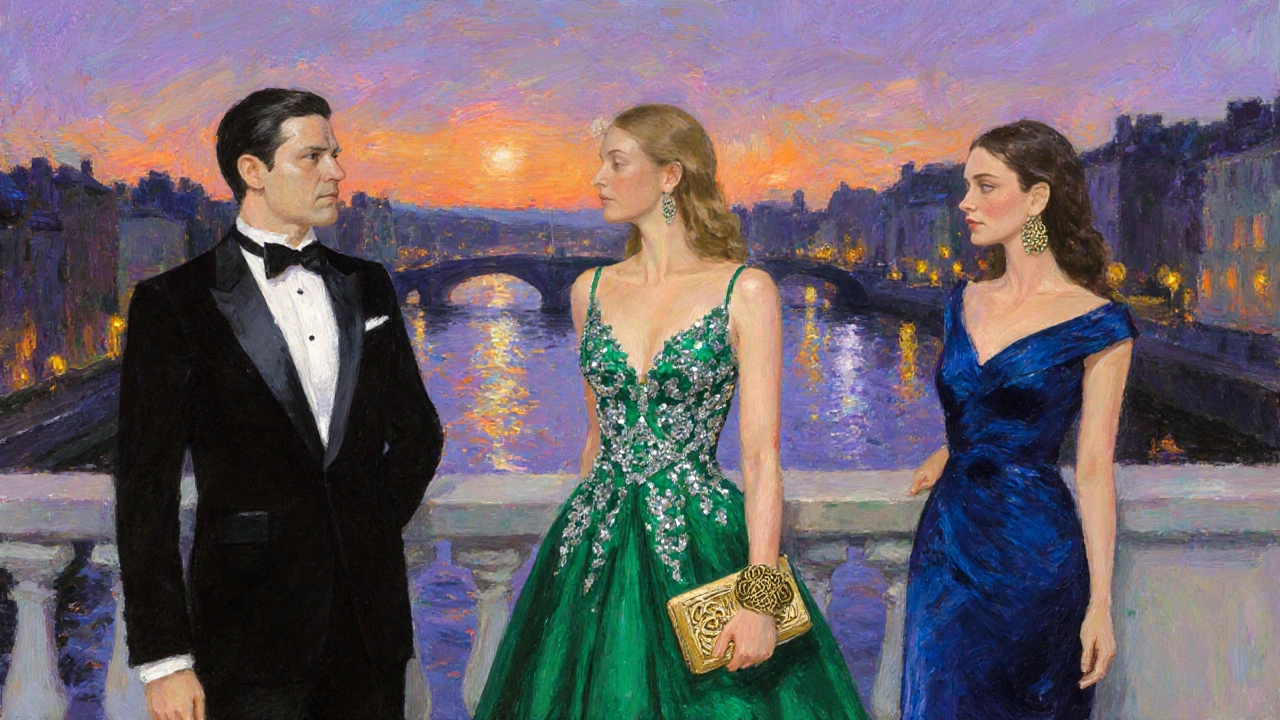 Three guests in black‑tie, razzle‑dazzle, and cocktail attire on a balcony overlooking the River Liffey at dusk.