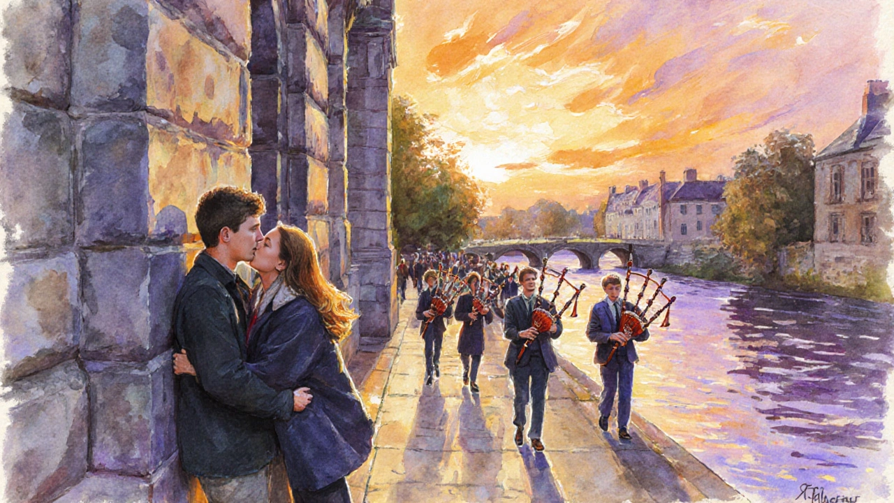 Two students leaning against a Galway university building, sharing a passionate kiss at sunset.