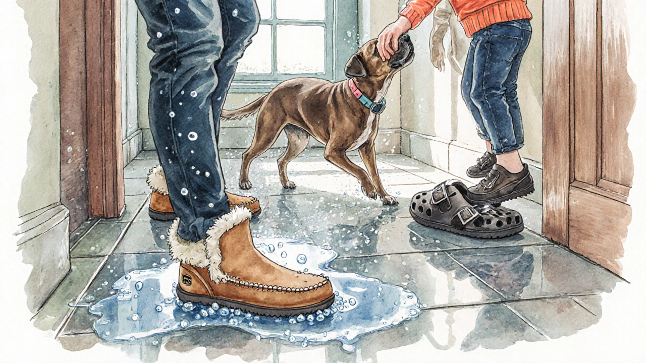 Watercolor hallway showing UGG, Clarks, Birkenstock, and Crocs being tested for water resistance and durability.