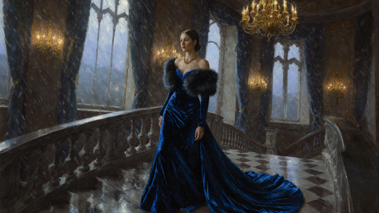 Woman in a midnight blue velvet evening dress with a fur stole at a castle gala at twilight.