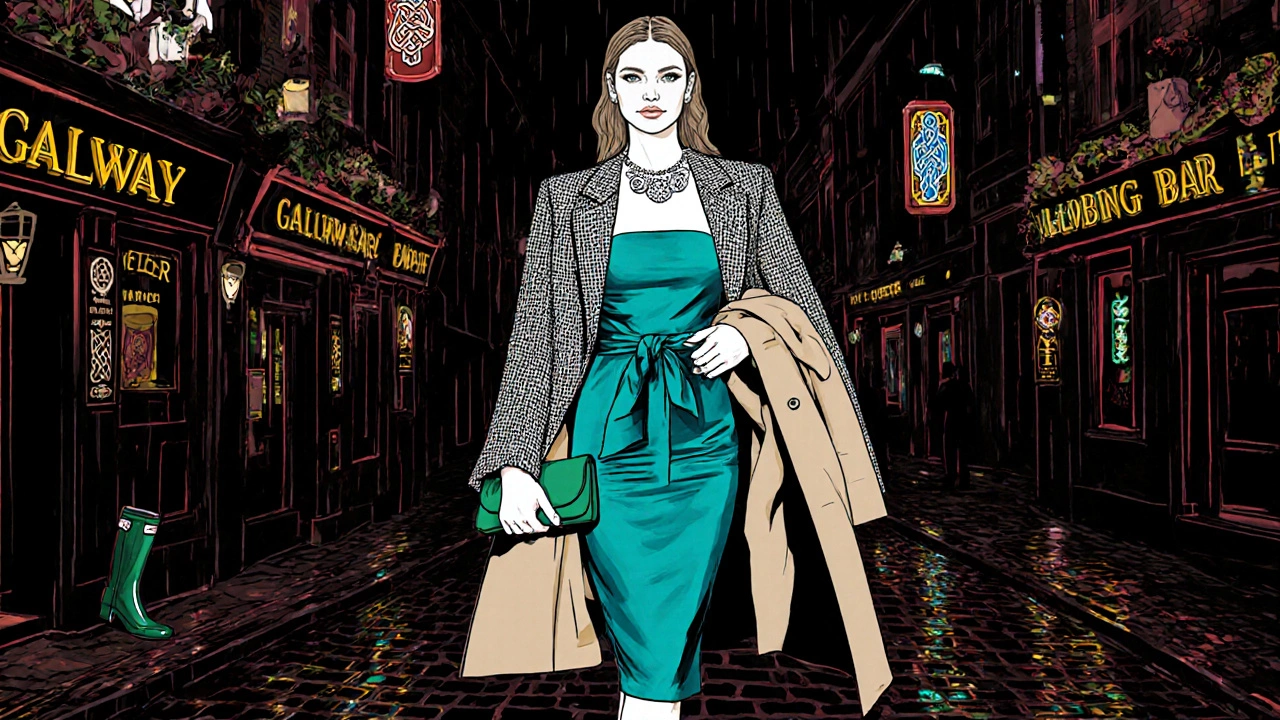 Woman in a teal cocktail dress with a tweed blazer and trench coat at a rainy night in Galway.