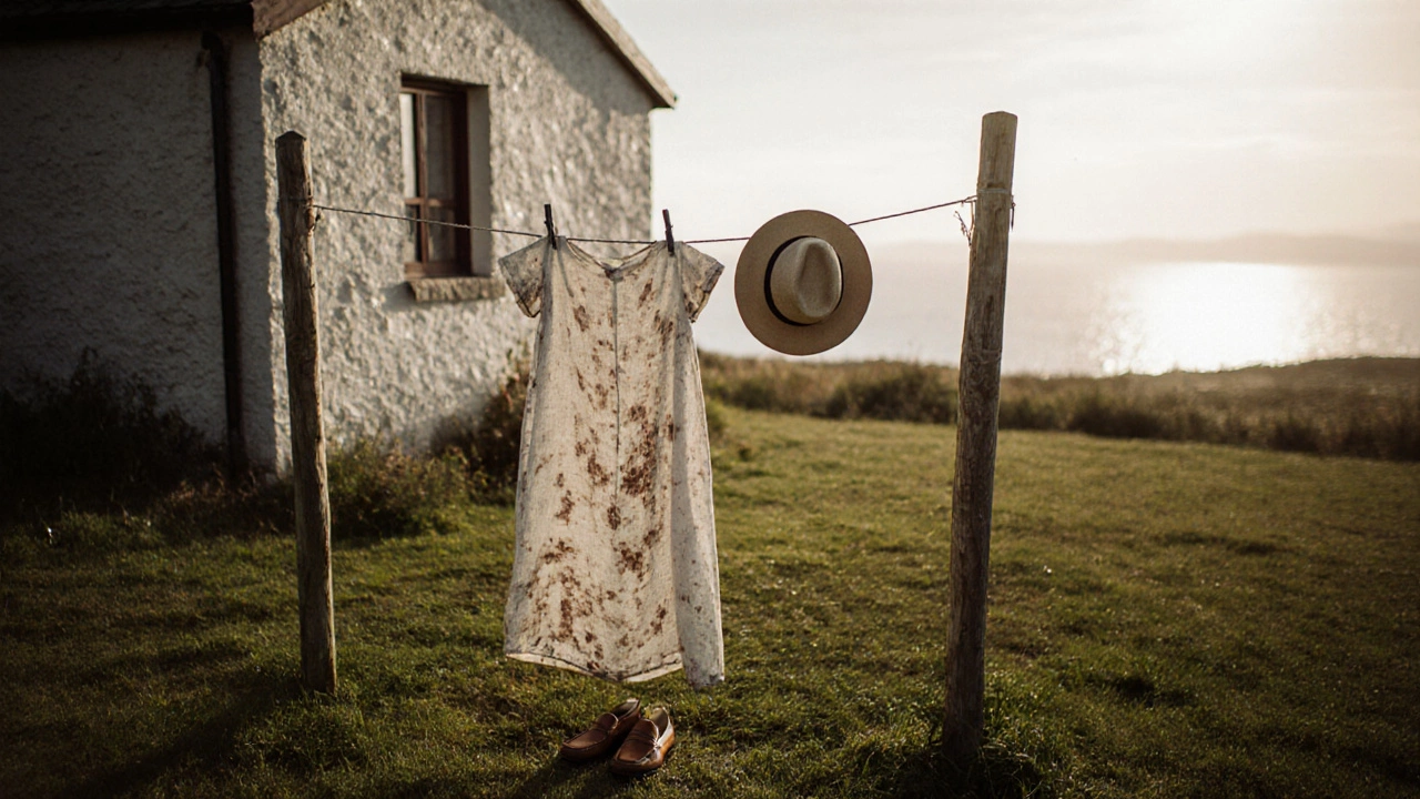 A damp linen dress hanging on a clothesline beside leather sandals and a wide-brimmed hat.