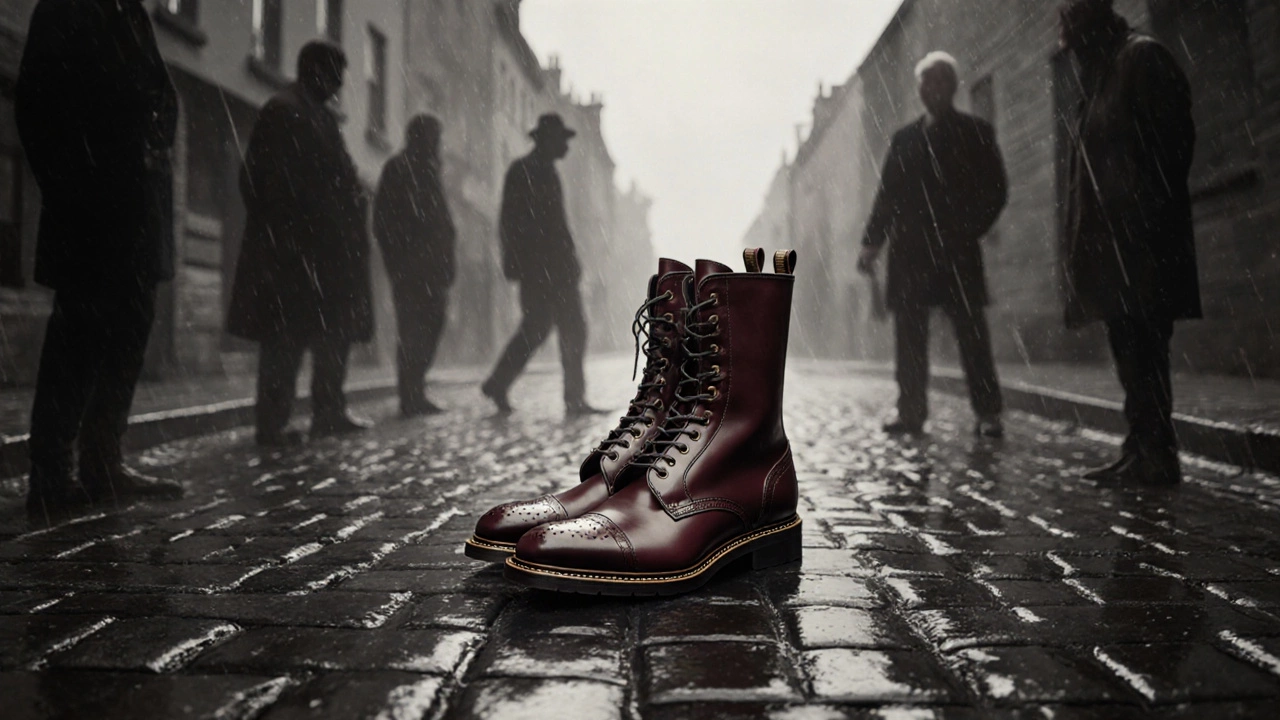 A pair of heritage leather boots standing on a wet Irish street, surrounded by translucent figures of past wearers.