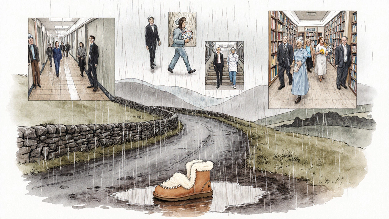 A single pair of UGG slippers in a muddy Irish road, surrounded by floating figures of everyday wearers.