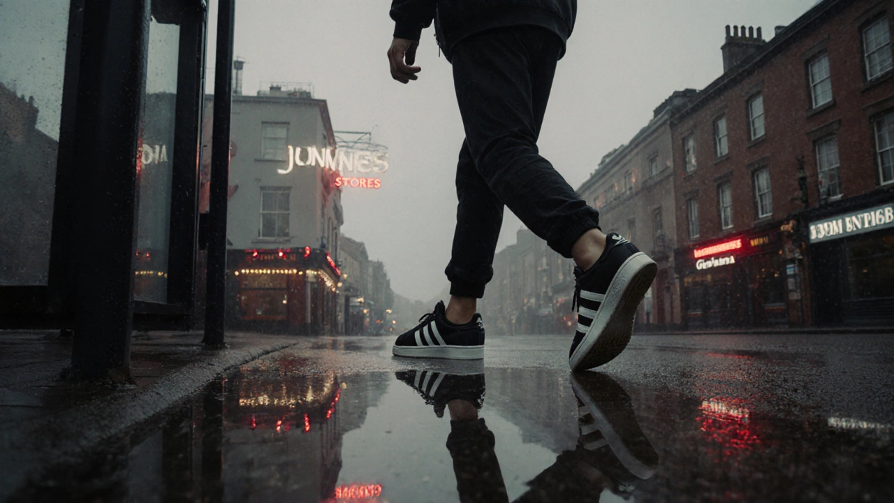 A young man walking in black trainers along a rainy Dublin street toward a bus stop.