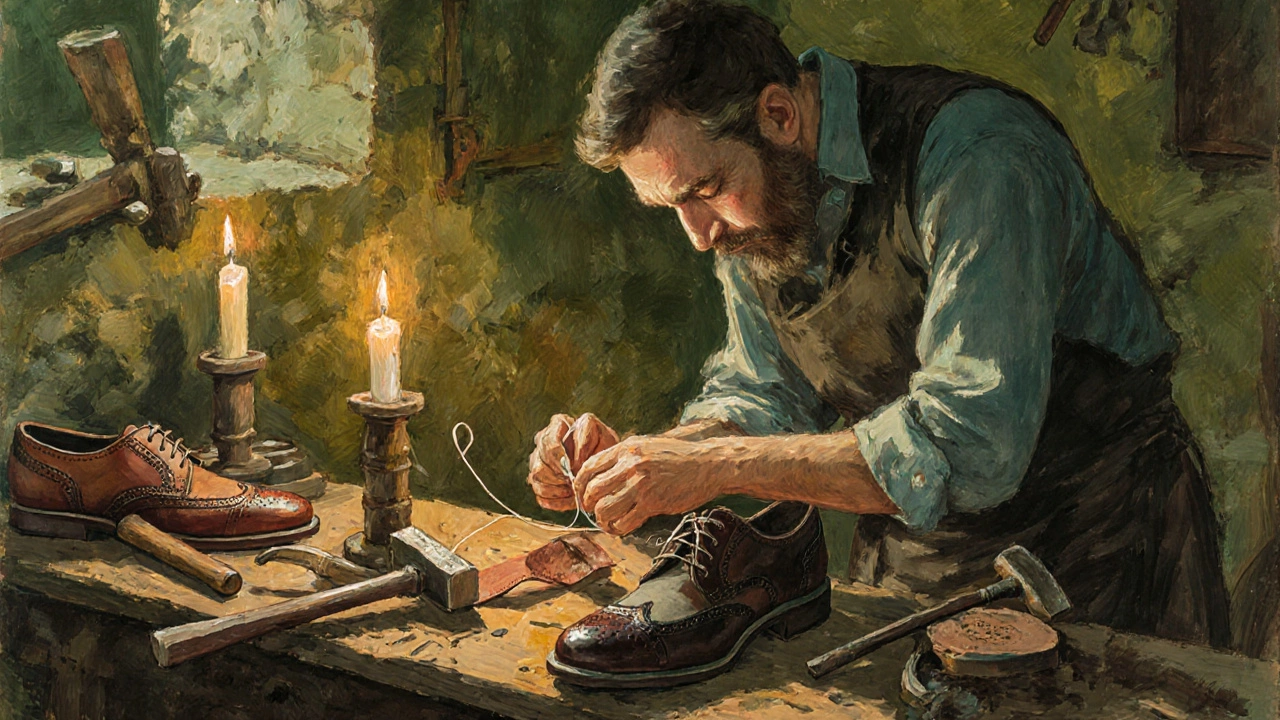 An Irish cobbler hand-stitching leather shoes in a dim stone workshop with traditional tools.