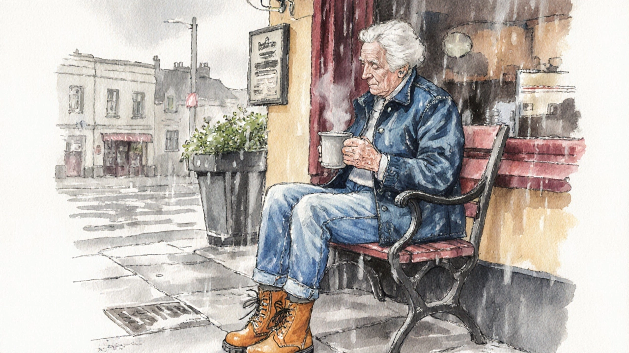 An older woman in Cork sitting on a bench in jeans and a jacket, drinking coffee in the rain.