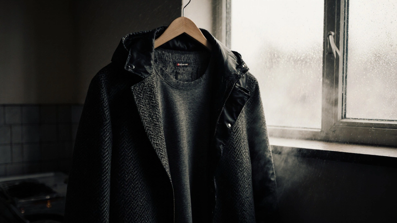 Charcoal grey t-shirt layered under tweed jacket and waterproof coat hanging in rainy laundry room.